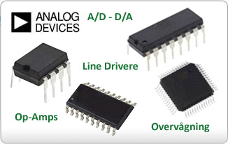 ICér som f.eks A/D-D/A, Line drivere, OP-Amps og overvågning fra Analog Devices