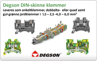 DIN-skinne klemmer fra Degson. Leveres som enkeltklemmer, dobbelte- eller quad samt gul-grønne jordklemmer