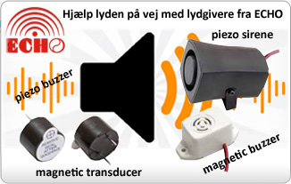 Magnetic buzzere, Piezo buzzere, Magnetic transducer. Til print-, lednings- og SMD montering fra ECHO